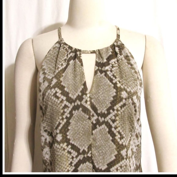 New Womens Ladies Brown & Gray Reptile Pattern Silky Asymmetrical Dress Medium - Picture 2 of 6